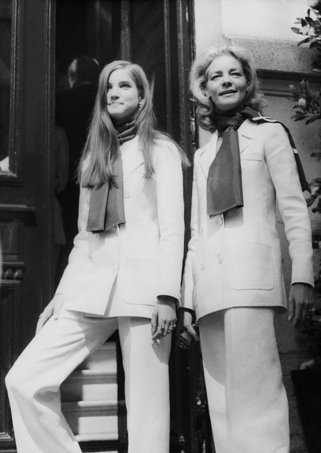 Lauren Bacall with her daughter Leslie Bogart arriving at the Saint Laurent Boutique, Paris, July 1968.