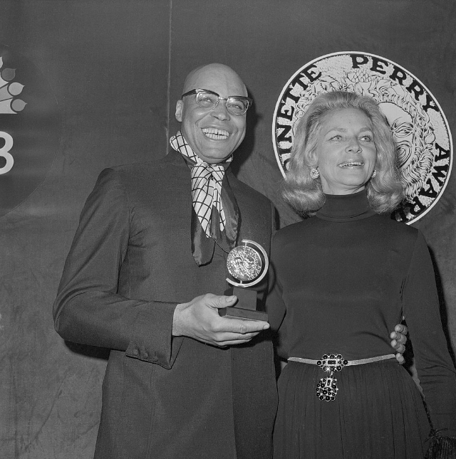 James Earl Jones with Tony Award for Best Dramatic Actor in 'The Great White Hope' shown with Lauren Bacall, who presented it to Mr. Jones, New York, April 1969.