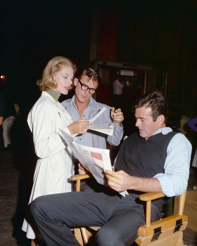 Stuart Whitman, Roddy McDowall and Lauren Bacall on the set of the film 'Shock Treatment', 1964.