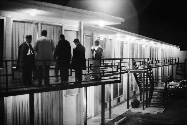 Colleagues gather on the balcony outside the Lorraine Motel's room 306, just a few feet from where Dr. King was shot, April 4, 1968.