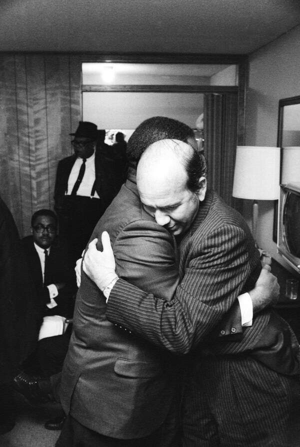 Religious and Civil Rights leaders Will D. Campbell (right) and Ralph Abernathy embrace and comfort one another in King's room (no. 306) at the Lorraine Motel on the night of his death.