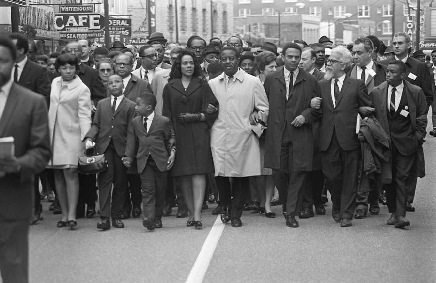 King intended to lead the "March on Memphis" for the striking sanitation workers, but tragically didn't live to see it. His widowed wife, Coretta Scott King (fifth from right), led it instead. April 9, 1968. Memphis, Tennessee.