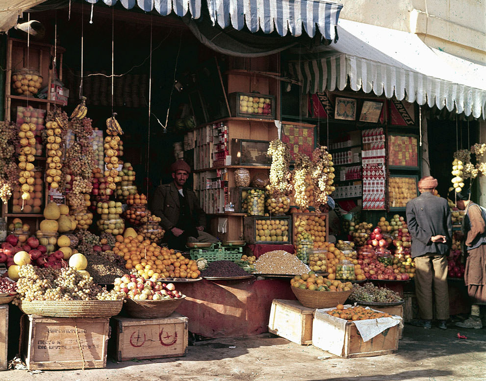 A shopfront display of fruits and nuts in Kabul, in November of 1961.