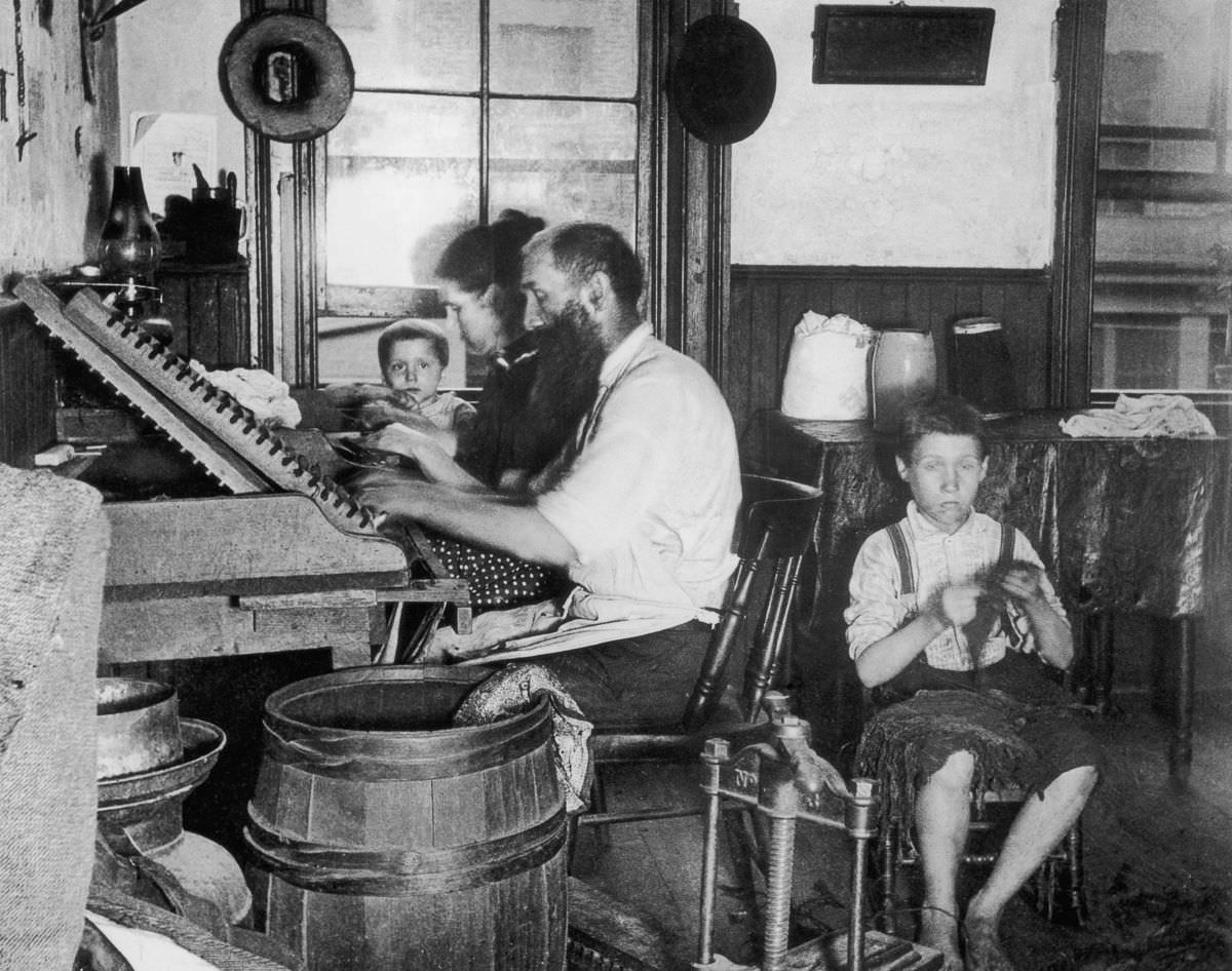 A Bohemian family of four makes cigars at home in their tenement. Working from six in the morning 'til nine at night, they earn $3.75 for a thousand cigars, and can turn out together 3,000 cigars a week, 1890