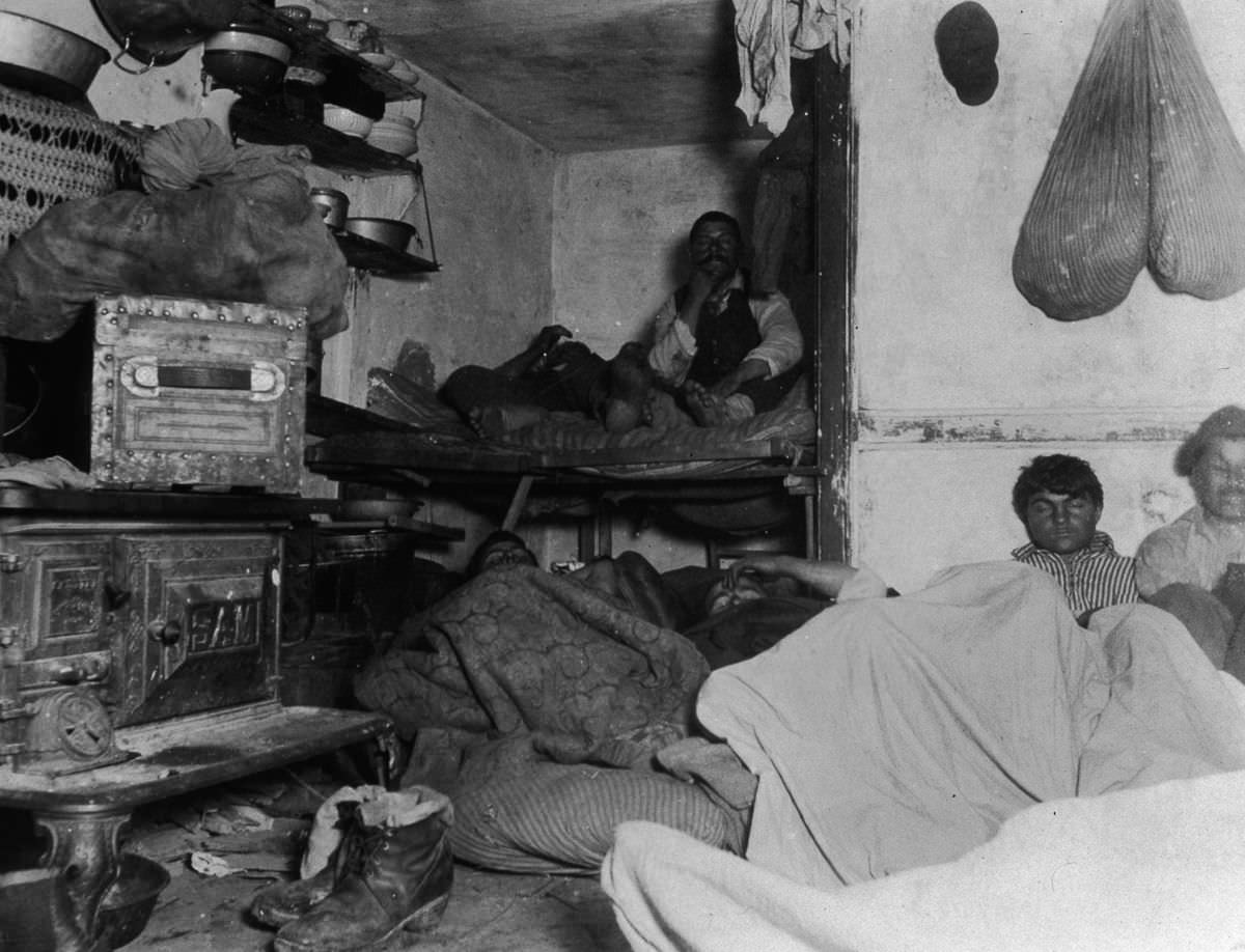 Lodgers in a crowded and squalid tenement, which rented for five cents a spot on Bayard Street. Twelve men and women slept in a room less than 13 feet long, 1890