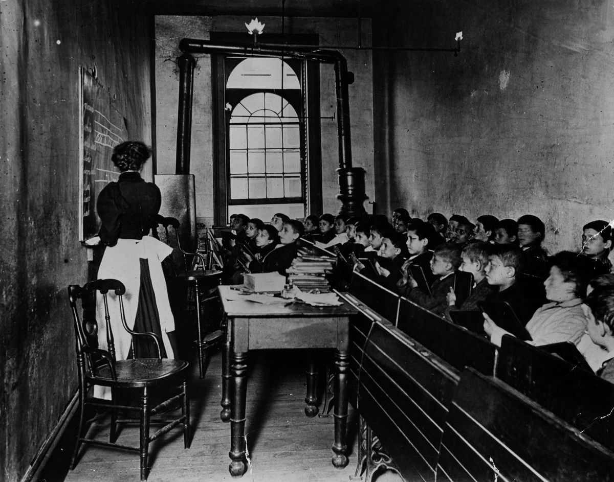 Pupils in the Essex Market school in a poor quarter of New York, 1887