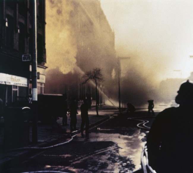 A factory building on fire in Belfast, Northern Ireland in 1971.