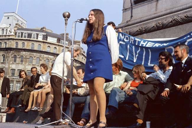 Bernadette Devlin, 24-year-old member of Parliament for Mid-Ulster, who has announced that she is soon to have a baby, addresses a political protest meeting in LondonÂs Trafalgar Square by the Northern Ireland Civil Rights Movement, July 11, 1971.
