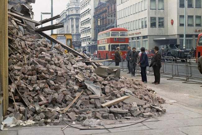 The aftermath of the North Street Arcade in the city center of Belfast, Northern Ireland after it was hit by a bomb blast which wrecked eight shops, shown Nov. 6, 1971.