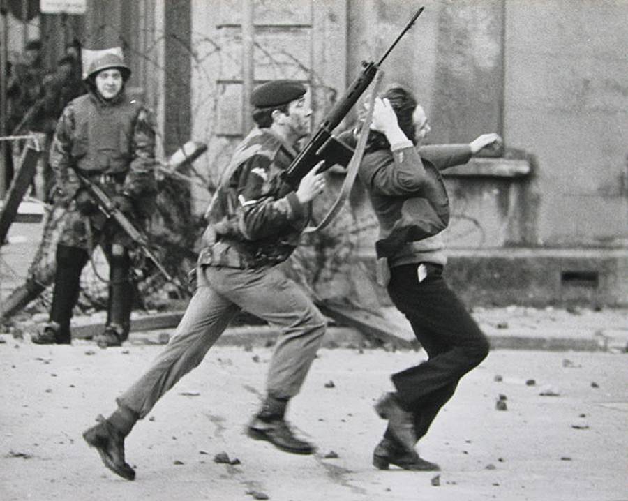 British soldier arrests a demonstrator in Derry on Bloody Sunday 1972.