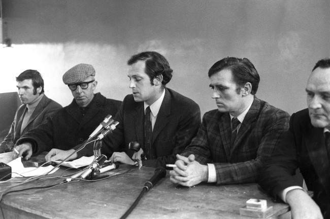 Joe Cahill (centre) school gym Ballymurphy northern ireland speaking talking, chief of the Provisionals in Belfast, who during Press conference refuted claims made by the army a few hours earlier that the IRA were virtually beaten, 13 Aug, 1971.