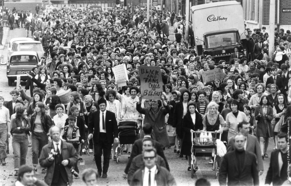 Civil rights marchers in Belfast demonstrating against British policy in Northern Ireland, 10th July 1970.