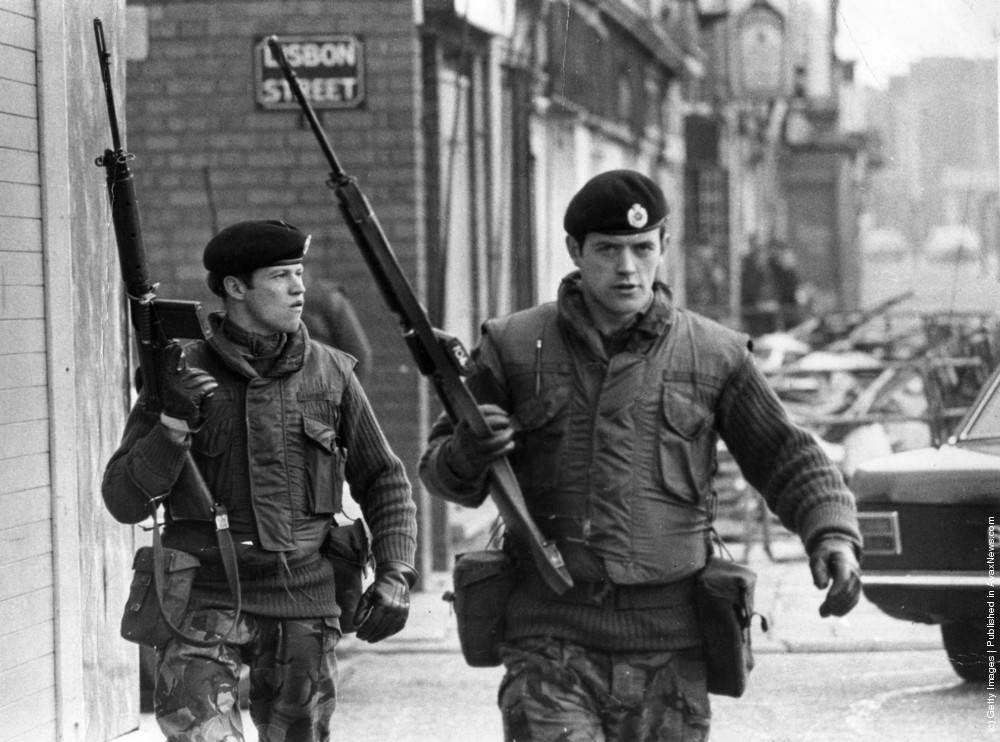 Armed British soldiers on patrol in Lisbon Street, Belfast, during the Official IRAs unconditional ceasefire, 1972.