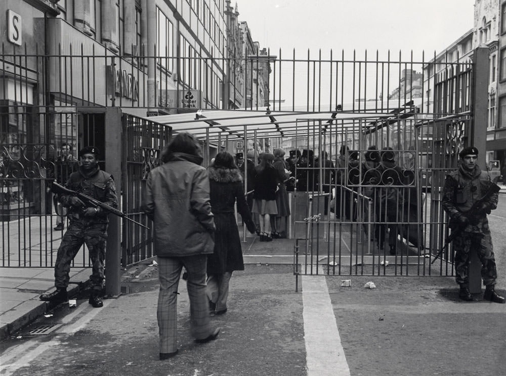 British soldiers man a checkpoint, Belfast, 1973.