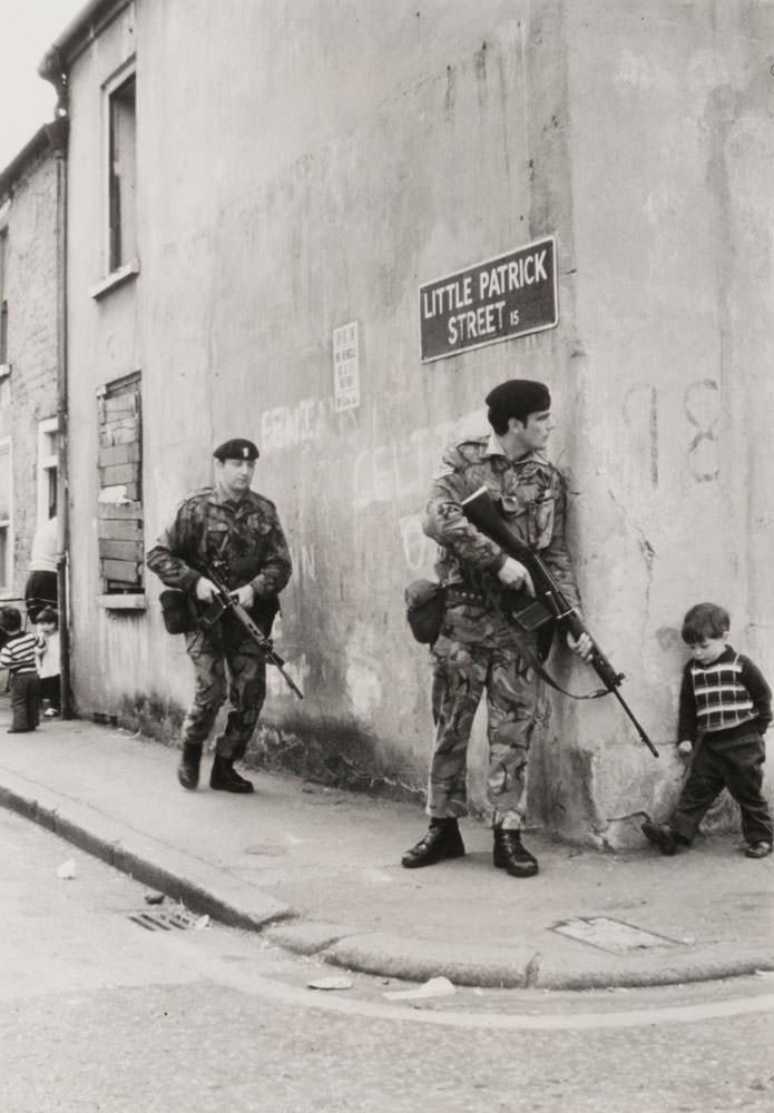 On patrol in Little Patrick Street, Belfast, 1973.