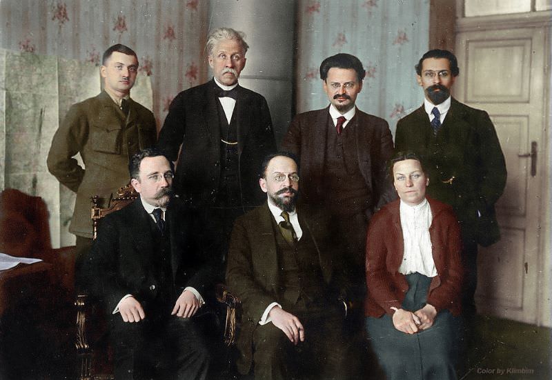 Soviet delegation at Brest-Litovsk (sitting, l-r Lev V.Kamenev, Adolff A. Joffe, Anastasia A. Bitzenko; standing V. V. Lipskiy, P. Stučka, Lev D.Trotsky, Lev M.Karakhan), January 15, 1918