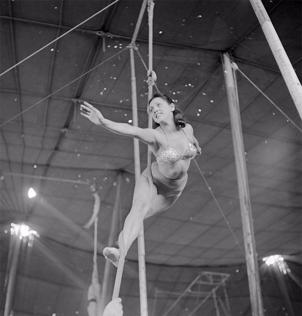 An aerialist rehearsing with a rope for the Ringling Bros. and Barnum & Bailey Circus in Sarasota, FL in 1949.