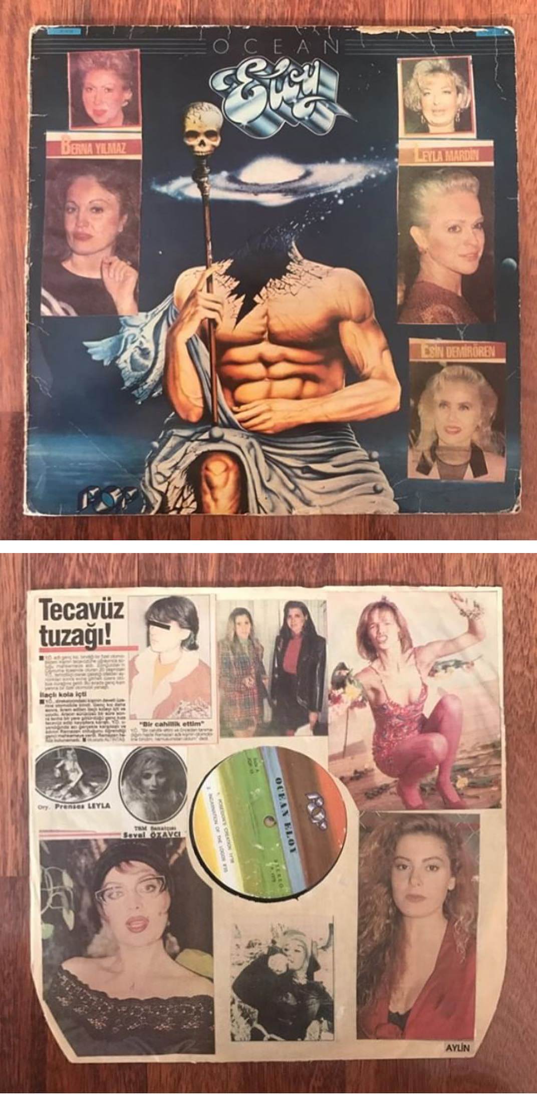 Discovered this copy of ‘Ocean’ by Kraut prog rockers, Eloy in Turkey. This particular copy is covered inside and out (swipe to reveal inner sleeve) with creepy clippings of old famous Turkish actresses, singers, and wives of businessmen.