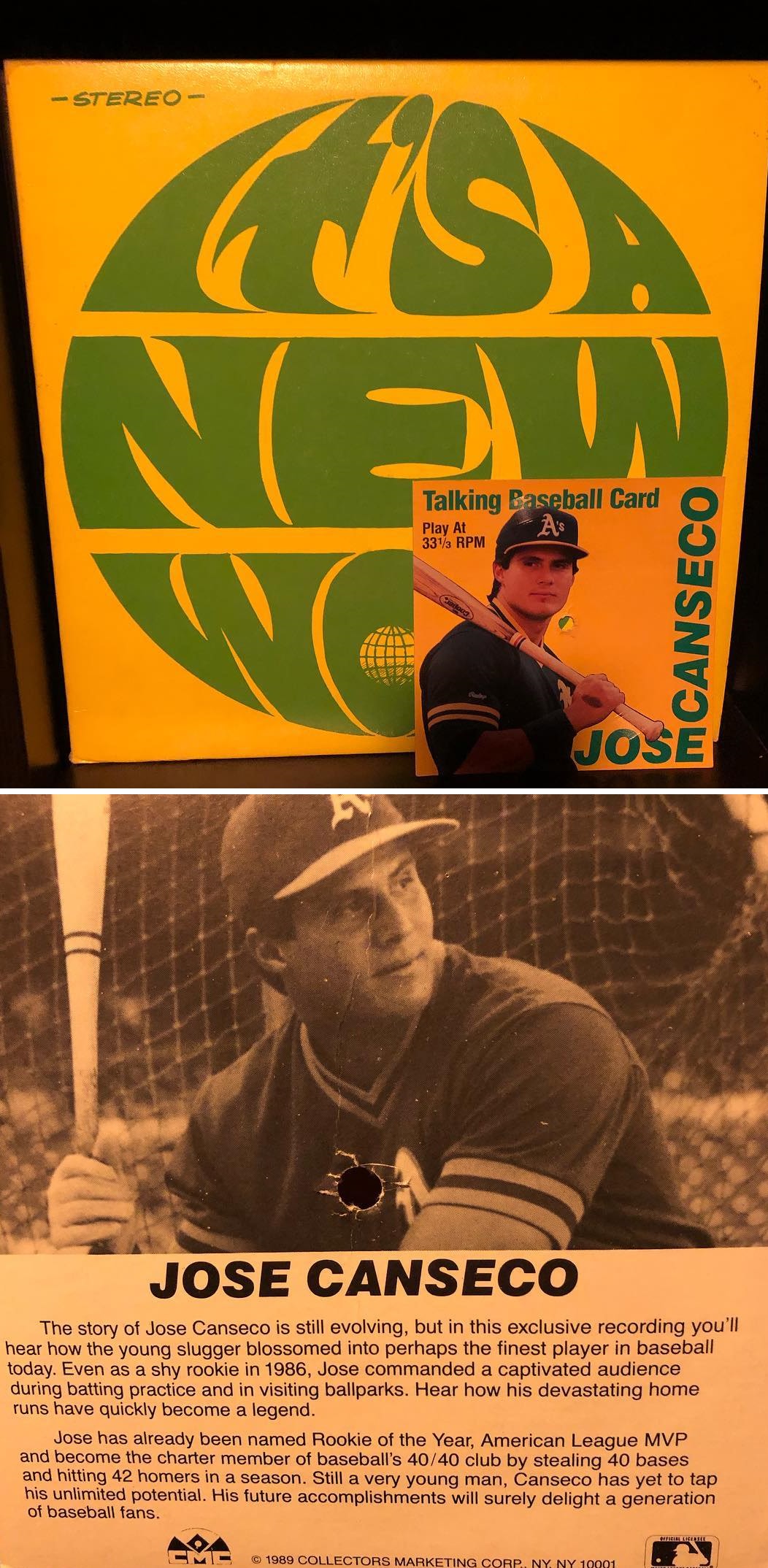 Found this Jose Canseco Talking Baseball Card inside this Christian Folk LP. The card is dated 1989, which is before that home run bounced fair off his head in left field and before he blew his middle finger off with a shotgun and told the press that “it