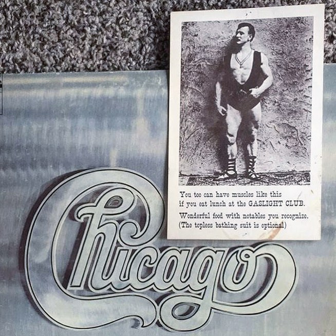 Found this vintage postcard featuring a muscleman from the GASLIGHT CLUB inside this Chicago LP. (The topless bathing suit is optional).