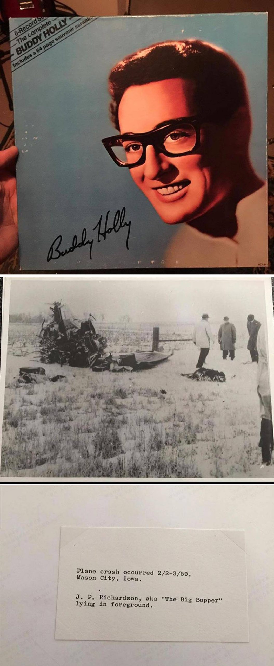 The Day The Music Died: photos from the infamous plane crash with descriptions typed and taped to back found inside a mailing envelope in a Buddy Holly x6 LP box set