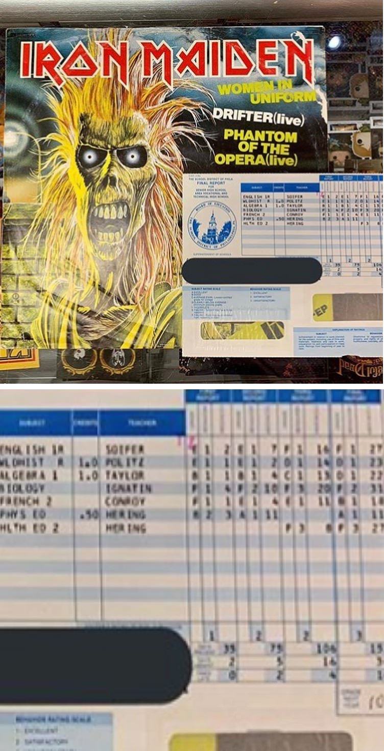 Some genius Kid hiding his not-so-great report card in an Iron Maiden record. Classic!