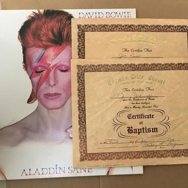 The music of David Bowie can be a religious, found two Baptism certificates from 1979, in a copy of Aladdin Sane’.
