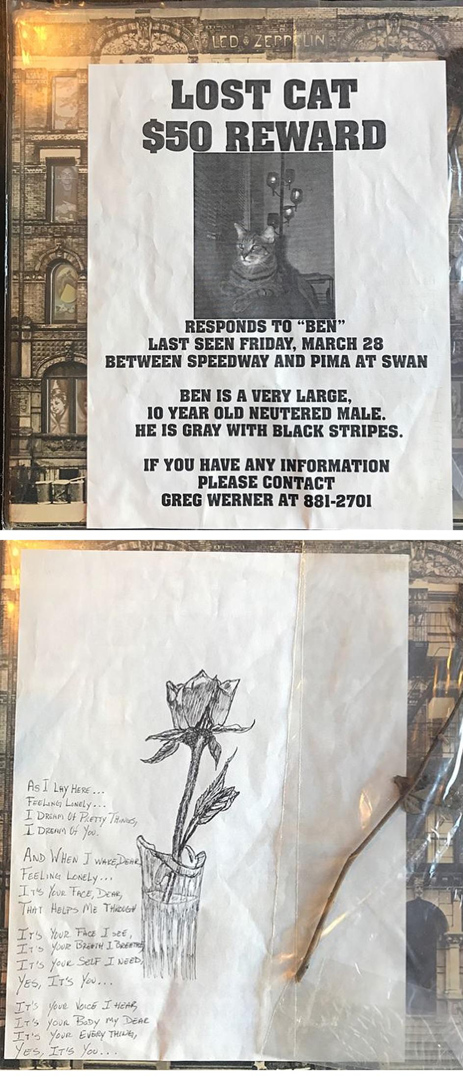 Found a copy of Led Zeppelin ‘Physical Graffiti’ with some sad inserts! A MISSING CAT poster for poor little “Ben” and a dried rose and poem / drawing. Meow.