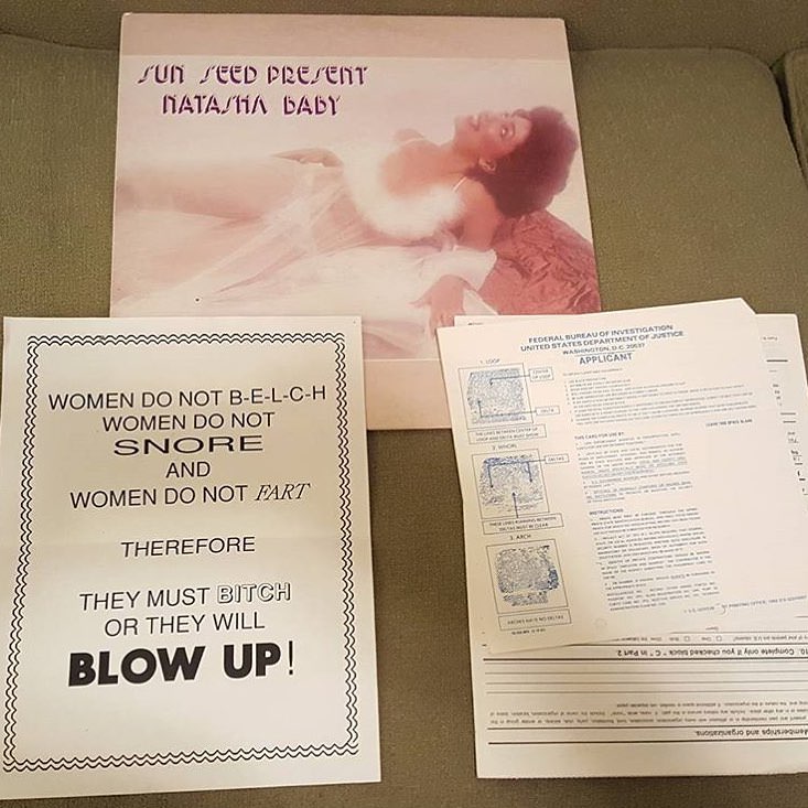 Found this "comedic" chauvinistic poster and an FBI application inside a slow jam reggae LP by Natasha Baby.