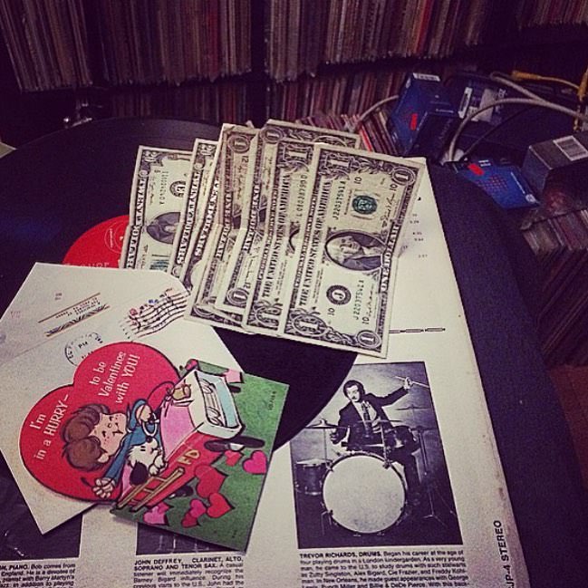 $55 found in a vintage Valentine’s Day card stashed away in an LP sleeve.