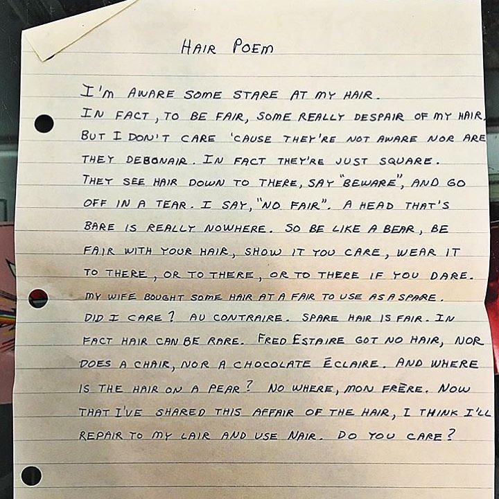 Found the handwritten lyrics to "Hair Poem" tucked inside a copy of George Carlin's 'Fm & Am' LP.