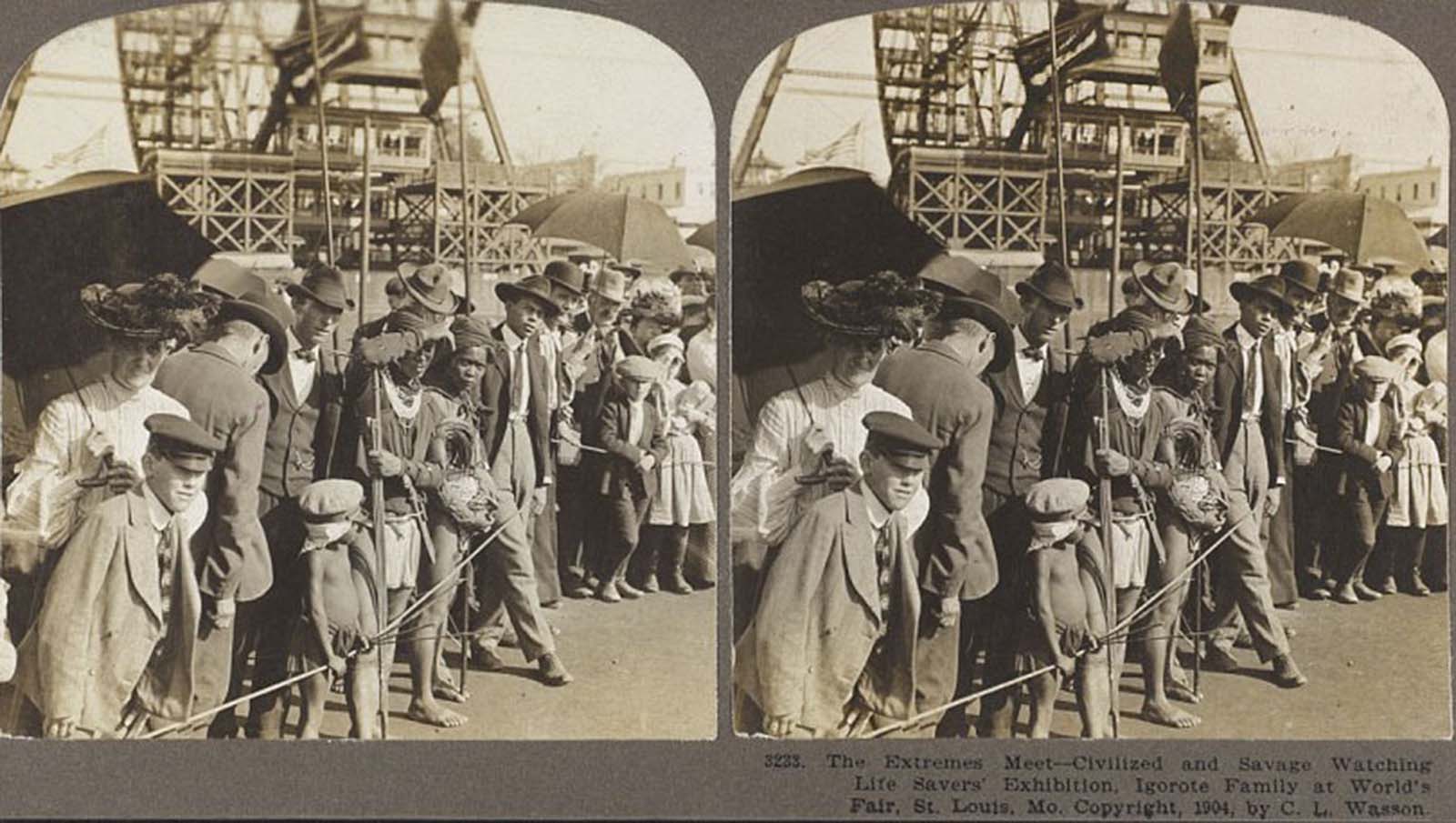 A photograph crudely named ‘The extremes meet – civilized and savage watching life savers’ exhibition’ shows a scene from the World’s Fair St. Louis, 1904, with tourists watching people deemed ‘primitive’.