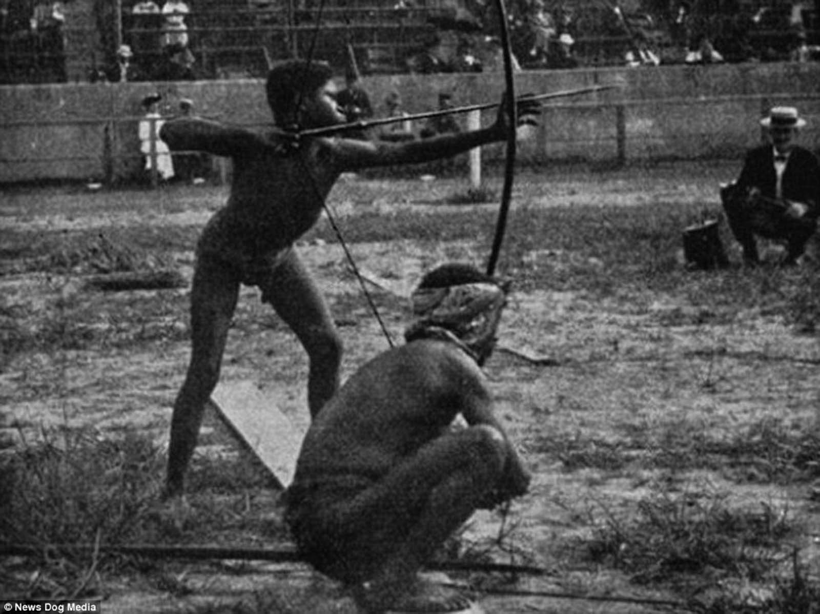 Indigenous people participating in archery in 1904 in St Louis, Missouri, at an event named the ‘Savage Olympics Exhibition’.