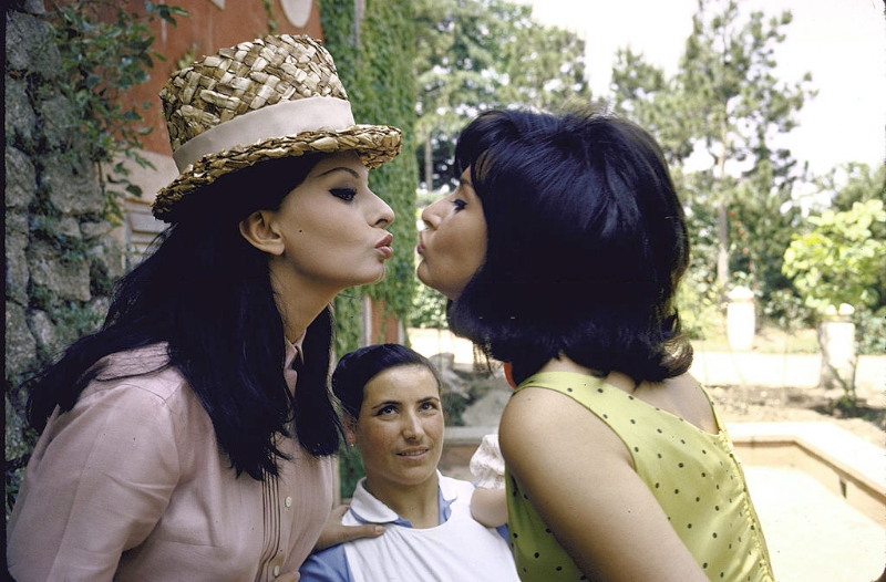 Sophia Loren about to kiss another woman (prob. sister)