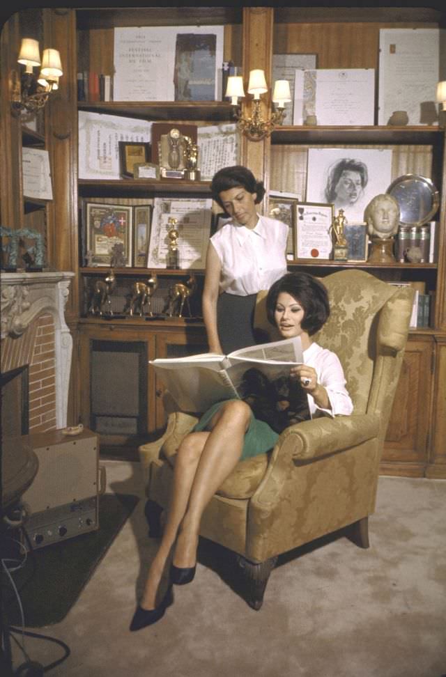 Sophia Loren in her study with faithful secretary Ines.