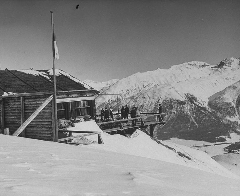 The exclusive Corviglia Club House in the Alps above fashionable winter resort of St.Moritz where an elite group can lunch away from other tourists.