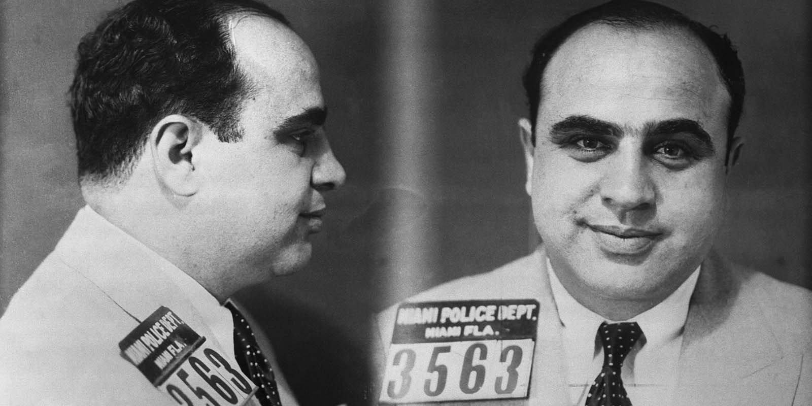 Police mug shot of Chicago mobster Al Capone, one of the leading gangsters of the prohibition era.