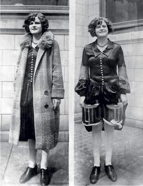 Woman wearing a floppy overcoat (left) which conceals two tins of booze strapped to her thighs (right). (Underwood & Underwood/Corbis)