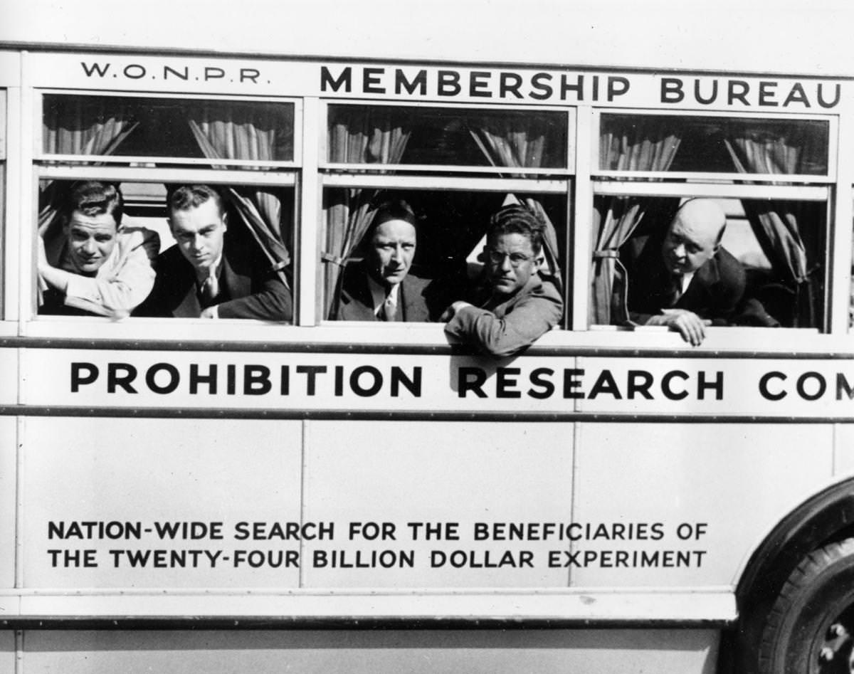 Five members of the Alcohol Prohibition Research Committee depart on the bus Diogenes, named after the man who sought in vain for an honest man, in New York City.