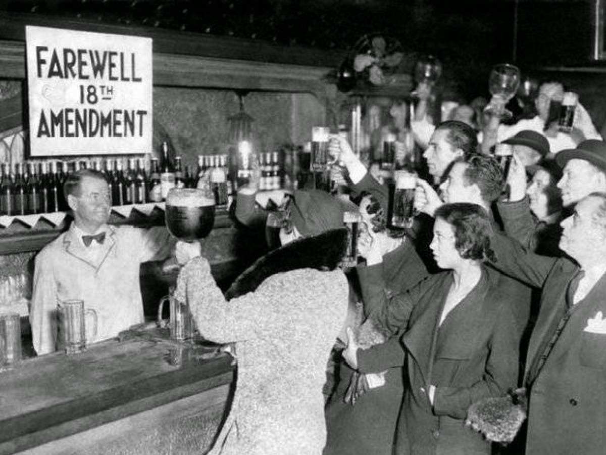 Revelers toast the end of Prohibition in 1933.