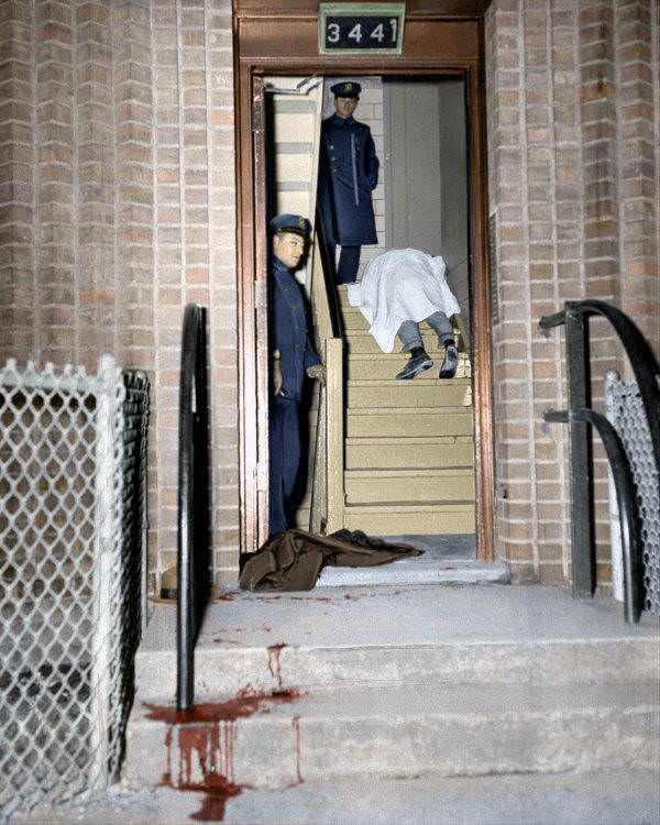 Two police officers with a dead body in a New York apartment stairwell, 1957.