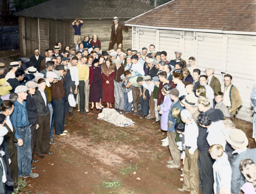 The dead body of Homer Van Meter, an associate of John Dillinger and a notorious bank robber, who was killed after fleeing police in St. Paul, Minn, 1934.