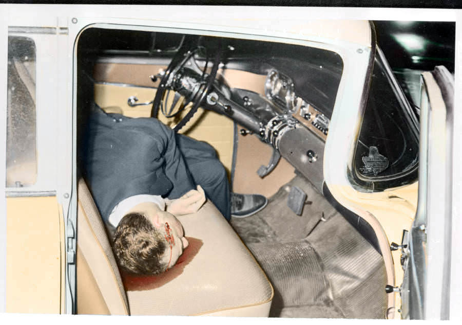 The dead body of Al Capone associate Charles "Cherry Nose" Gioe, who was shot through the head by mafia hitmen hired by a Chicago mob boss whose plans Gioe had unknowingly interfered with, 1954.