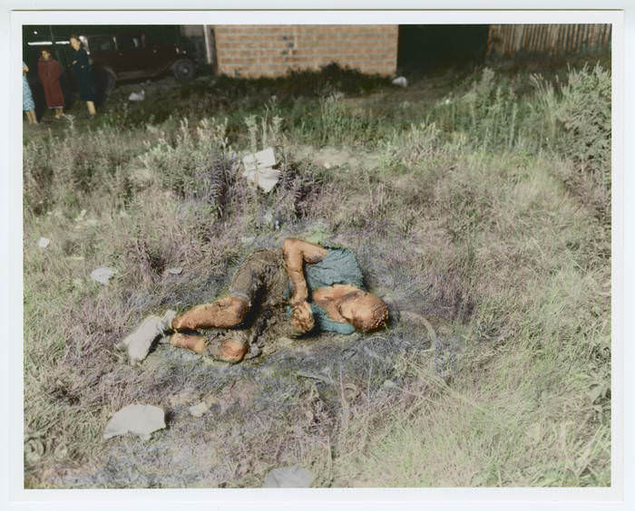 The burnt body of gangster Irving Feinstein, who was set on fire by Murder Inc. killers Harry Strauss and Martin Goldstein and left exposed in a lot in New York City, 1938.