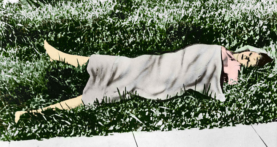 The naked corpse of American aspiring actress and murder victim Elizabeth Short, known as the "Black Dahlia," lying in a vacant lot in Los Angeles, 1947.