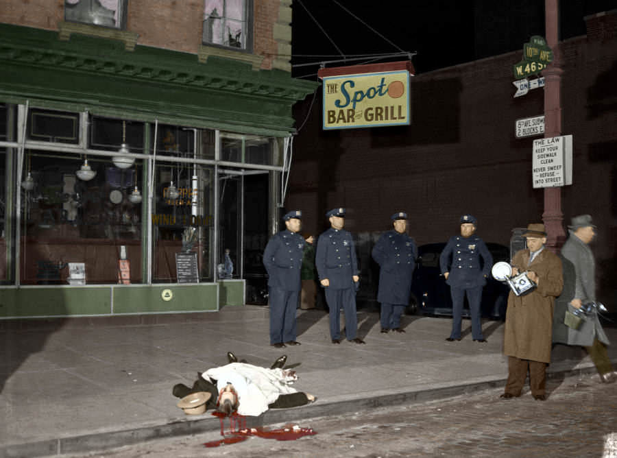Murdered gangster David Beadle, also known as "David the Beetle," in front of The Spot Bar and Grill in Manhattan, 1939.