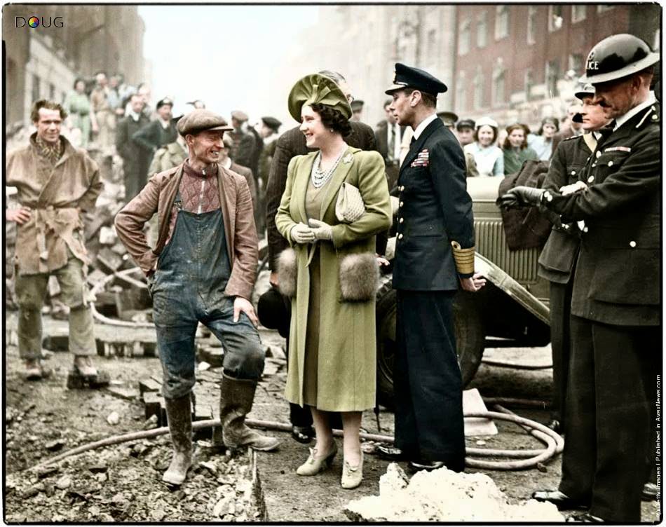 King George VI and Queen Elizabeth visiting bomb damaged streets in the East End of London on the 18th of October 1940