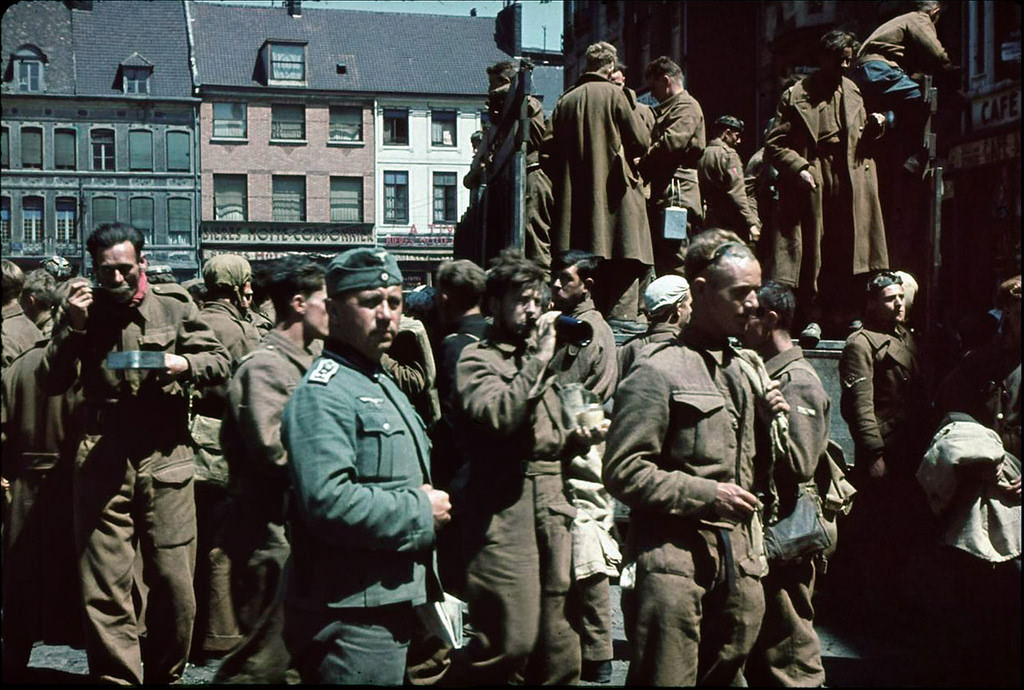 British soldiers captured in Dunkirk square, France, 1940