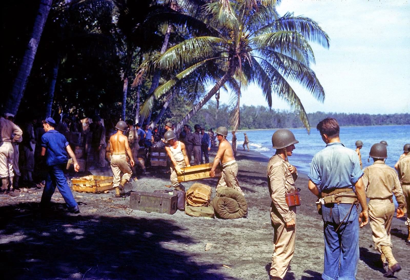 American troops unloading supplies on the shores of Guadalcanal Island in 1943.