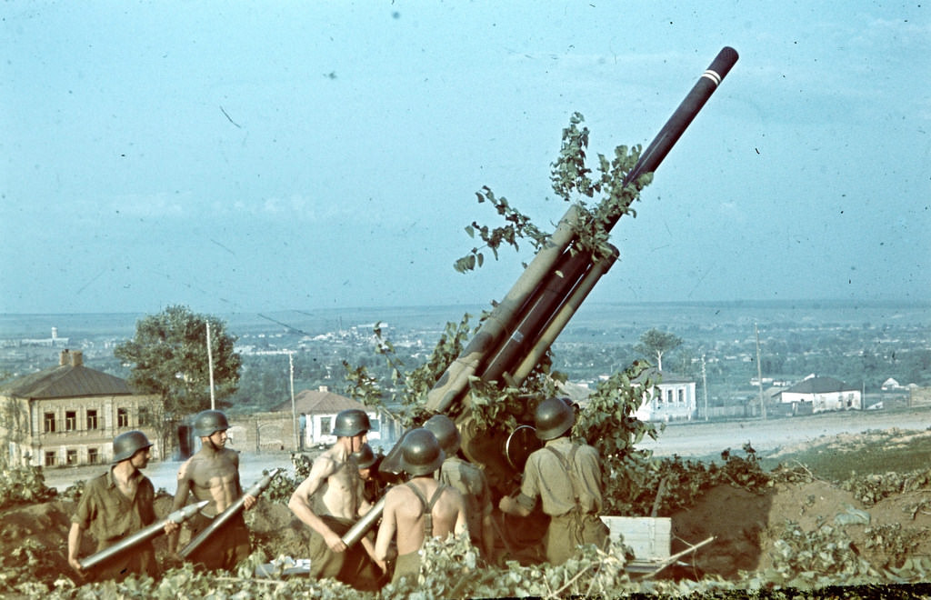 Hungarian 29M 8 cm 80-mm anti-aircraft gun during the war, Stary Oskol part of Kursk region, now part of Belgorod region, Russia, 1942
